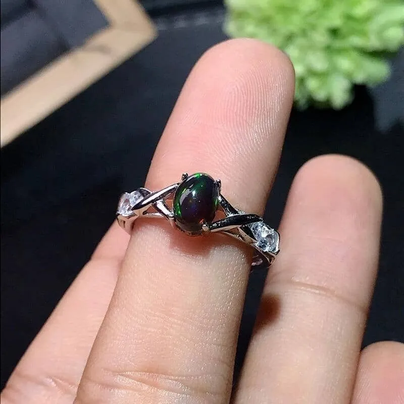 100% Natural Black Opal Ring - 925 Sterling Silver