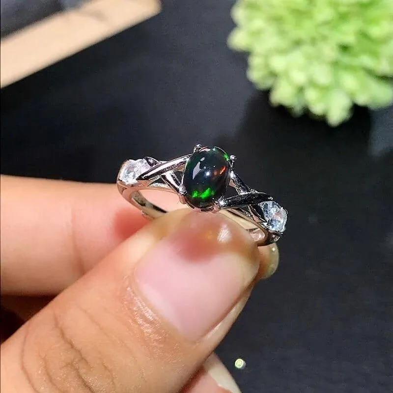 100% Natural Black Opal Ring - 925 Sterling Silver