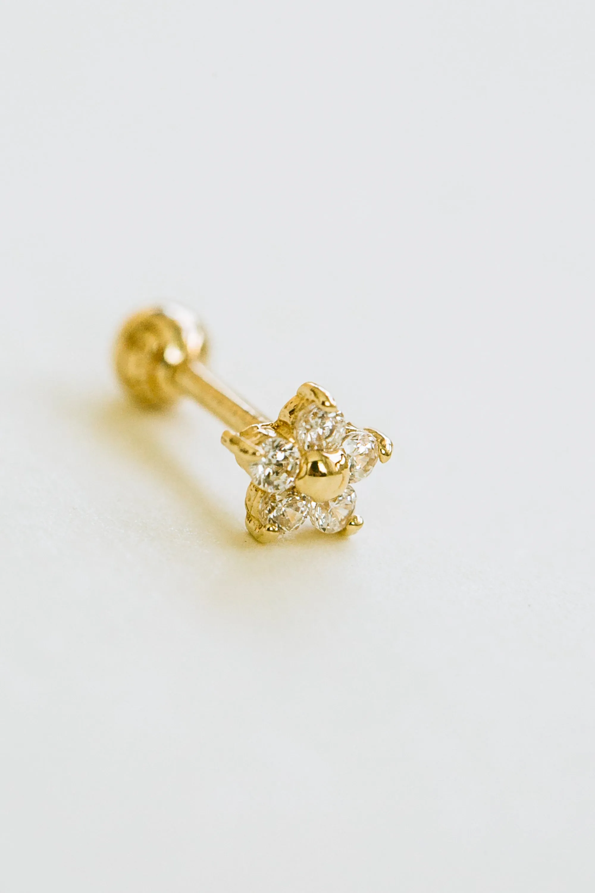 14k Gold Cubic Center Flower Pendant Barbell Ear Stud Piercing