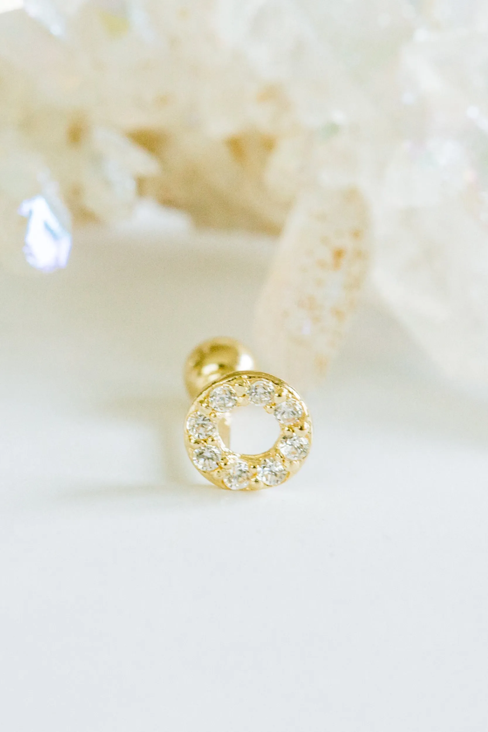 14k Gold Cubic Round Circle Pendant Barbell Ear Stud Piercing