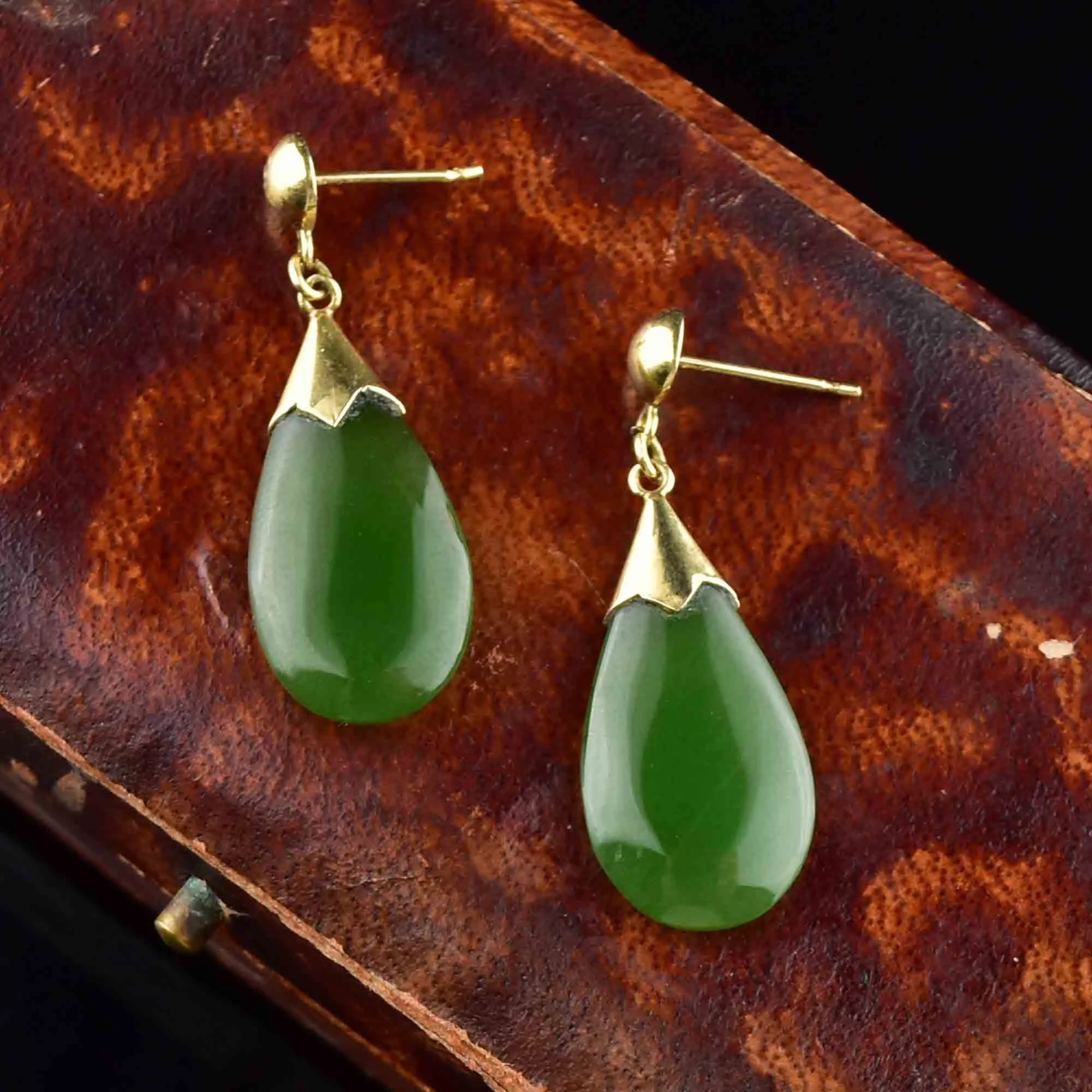 14K Gold Natural Jade Teardrop Earrings