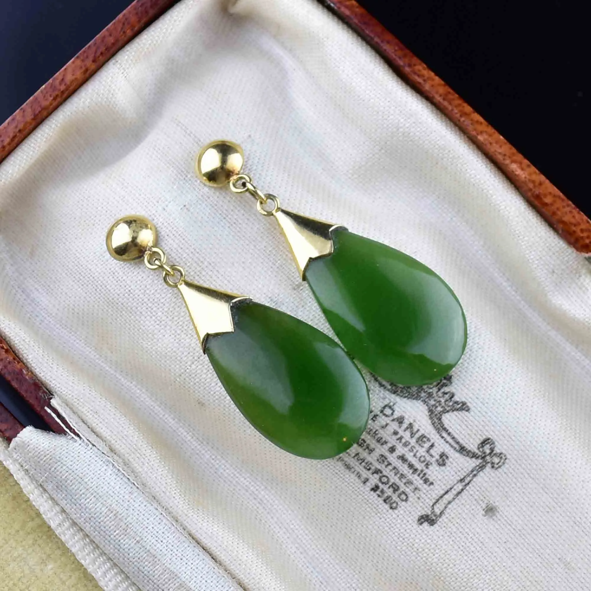 14K Gold Natural Jade Teardrop Earrings