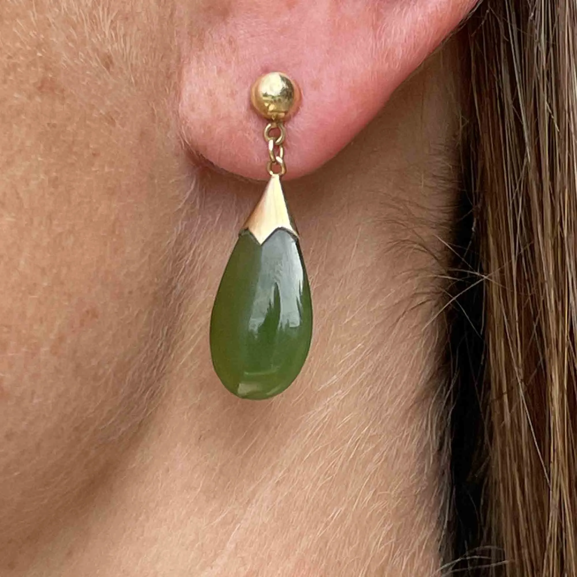 14K Gold Natural Jade Teardrop Earrings