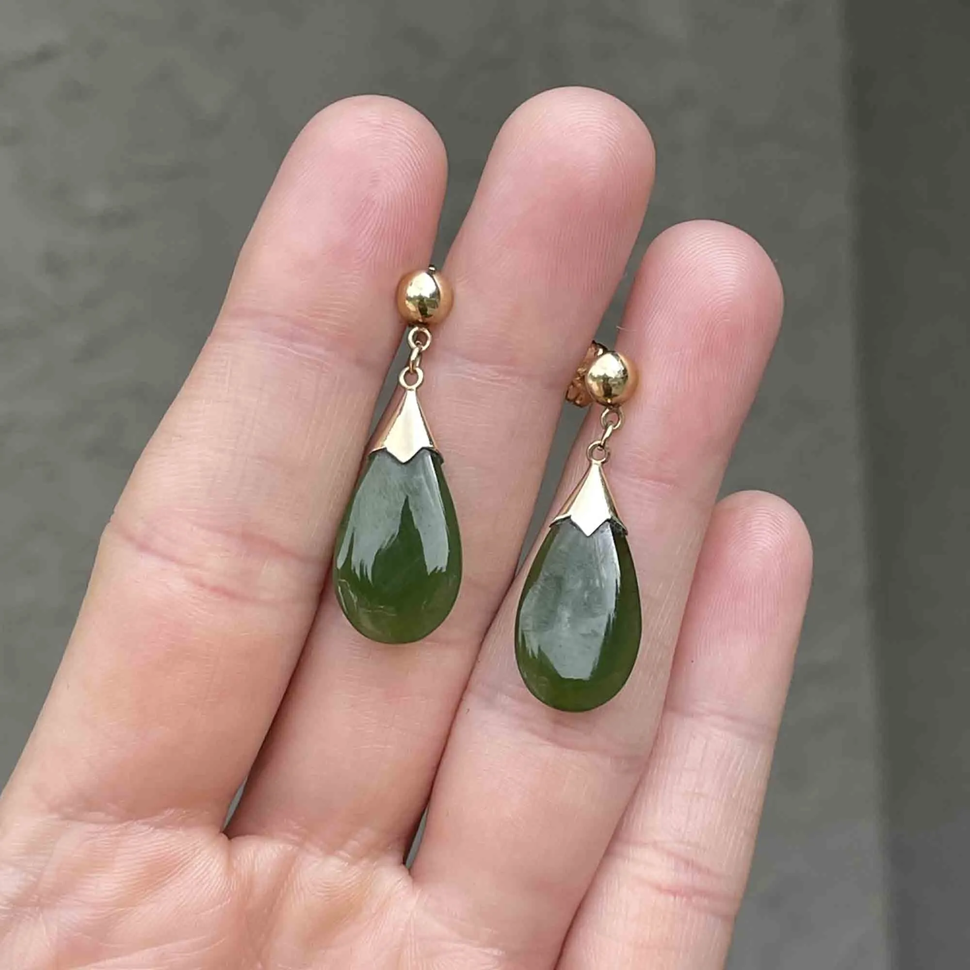 14K Gold Natural Jade Teardrop Earrings