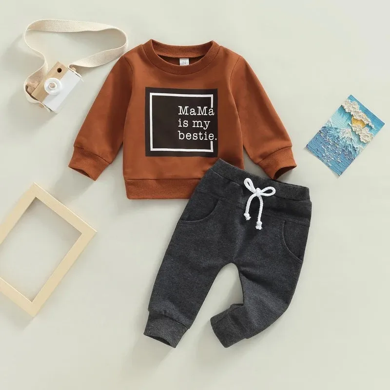 2022 Toddler Kids Boys Solid Color Letter Print Top Pants Set