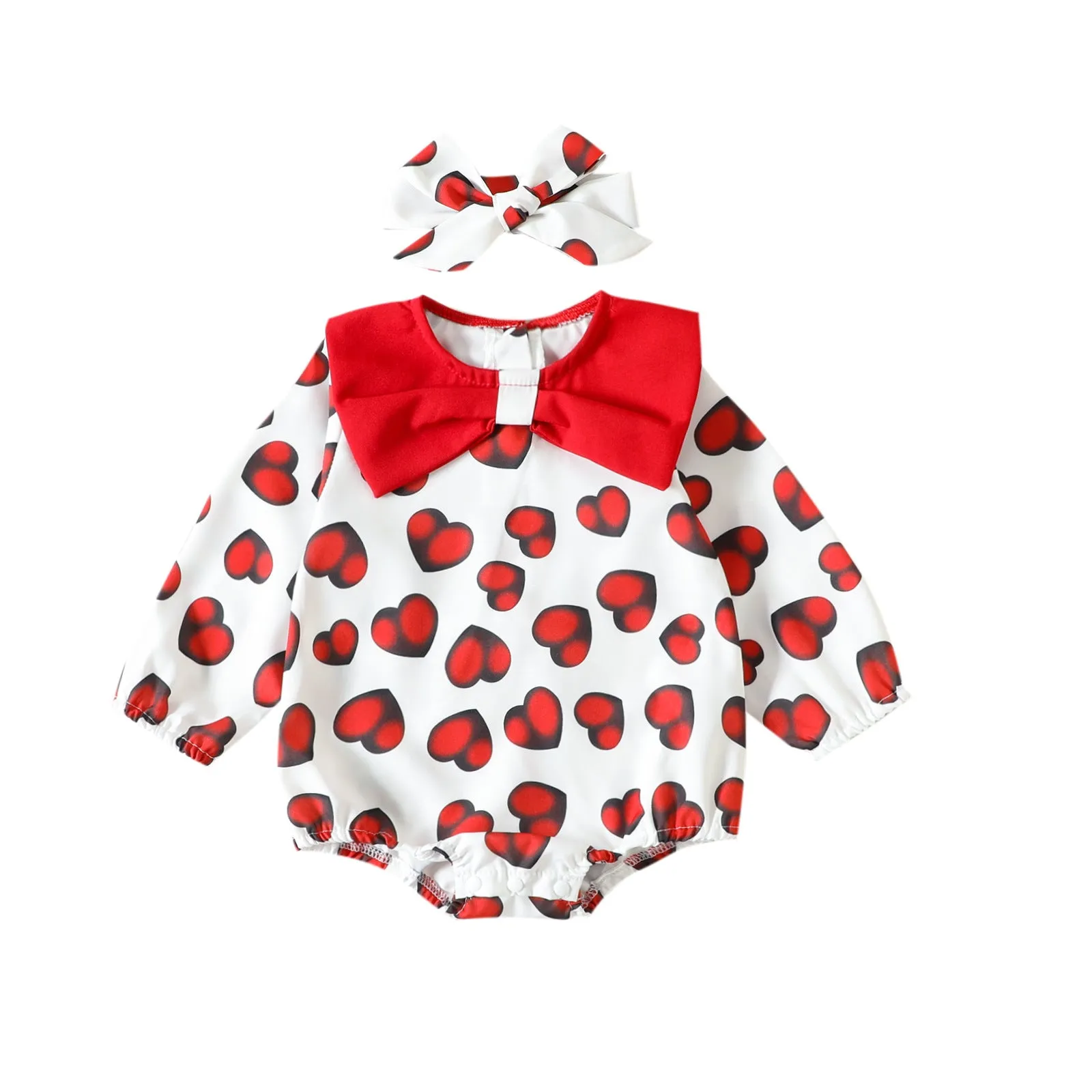 2023 Valentine's Day Infant and Toddler Bodysuit Love Print Turnover Collar Long Sleeve Triangle Romper Creeper