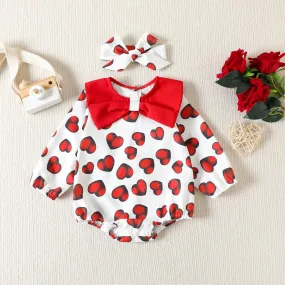 2023 Valentine's Day Infant and Toddler Bodysuit Love Print Turnover Collar Long Sleeve Triangle Romper Creeper