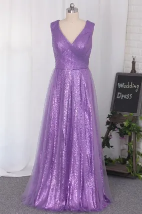 2024 Floor Length Bridesmaid Dresses Sequins & Tulle V Neck PXYZ7DDM