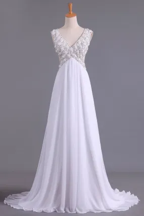 2024 White V-Neck Prom Dresses A Line Chiffon P8BDKRS9