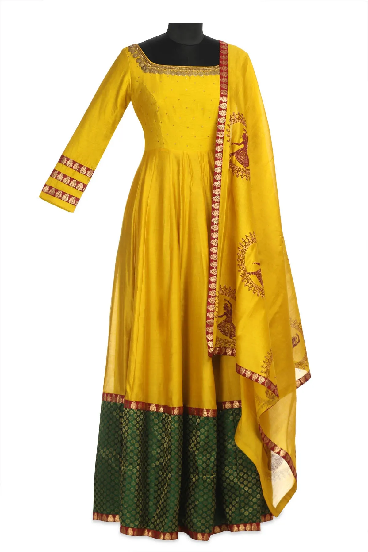 50Z169-RO Yellow Embroidered Chanderi Anarkali with Green Border