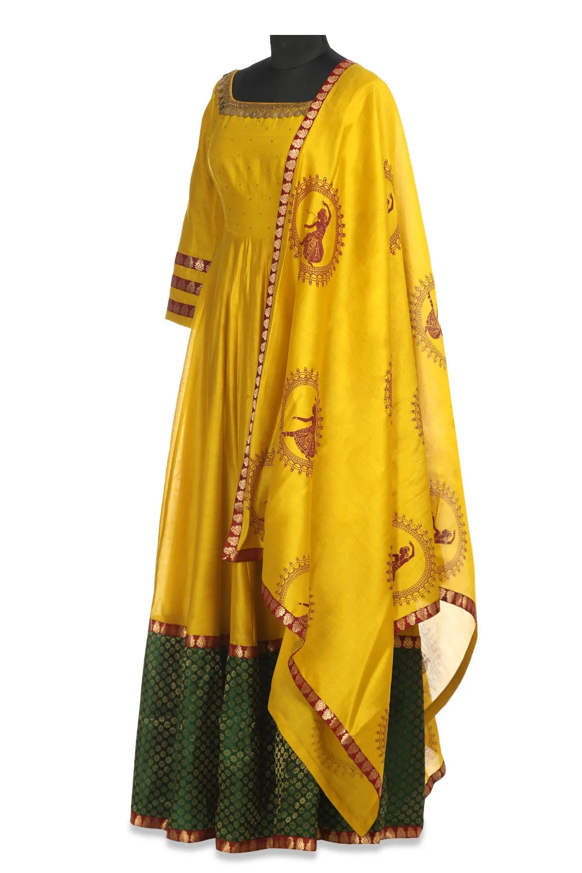 50Z169-RO Yellow Embroidered Chanderi Anarkali with Green Border