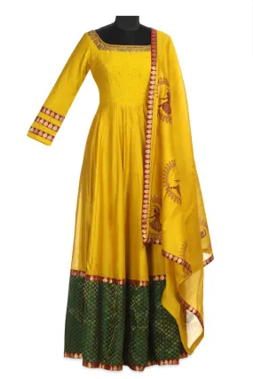 50Z169-RO Yellow Embroidered Chanderi Anarkali with Green Border