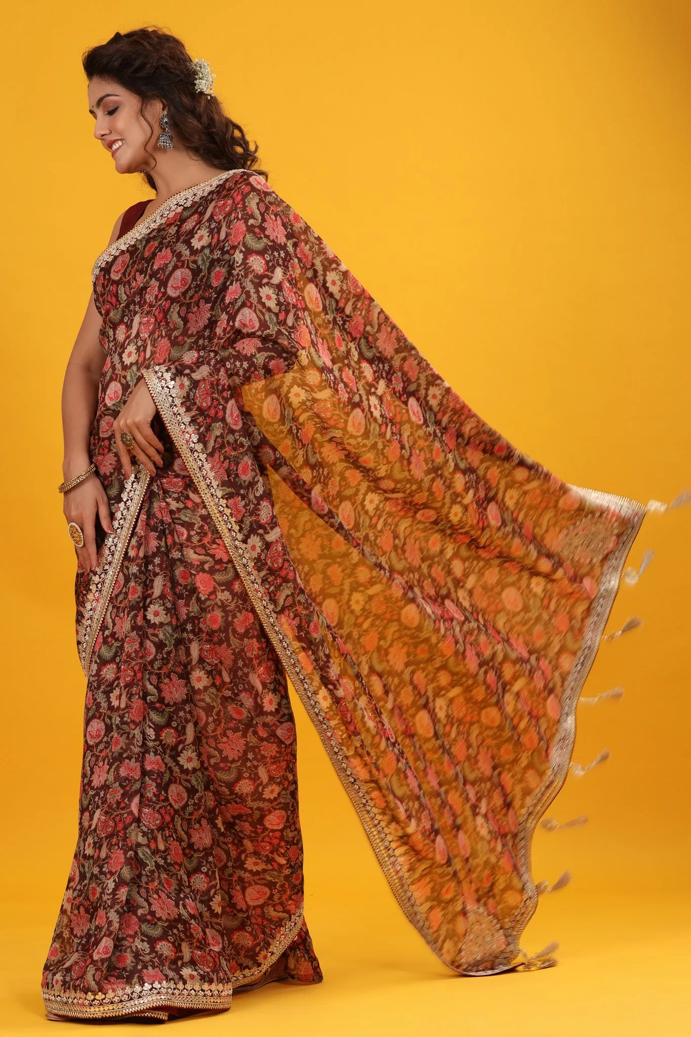 90Z689-RO Maroon floral Georgette Saree with Embroidered Border