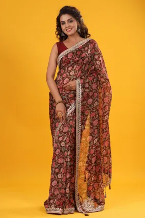 90Z689-RO Maroon floral Georgette Saree with Embroidered Border