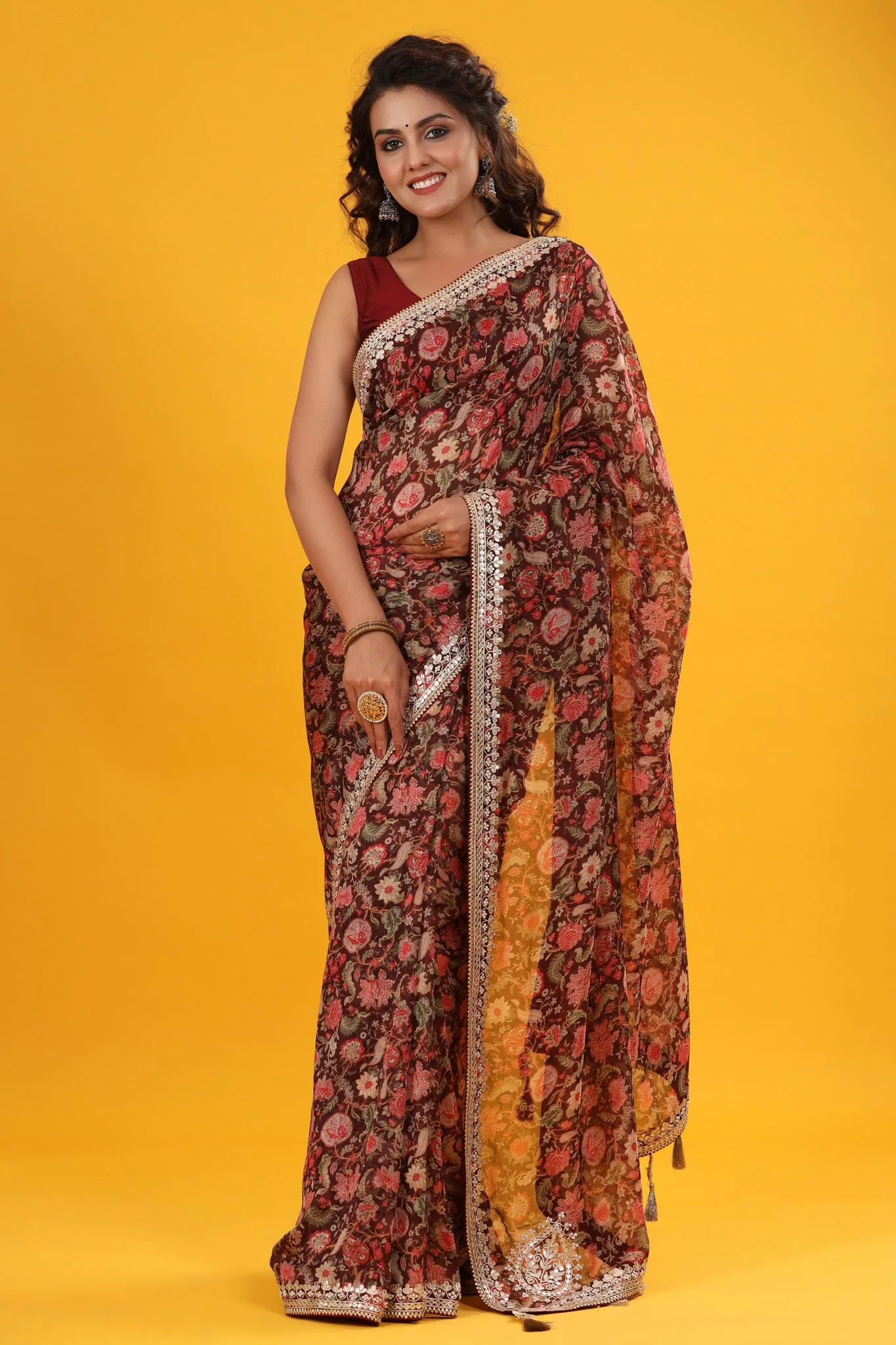 90Z689-RO Maroon floral Georgette Saree with Embroidered Border