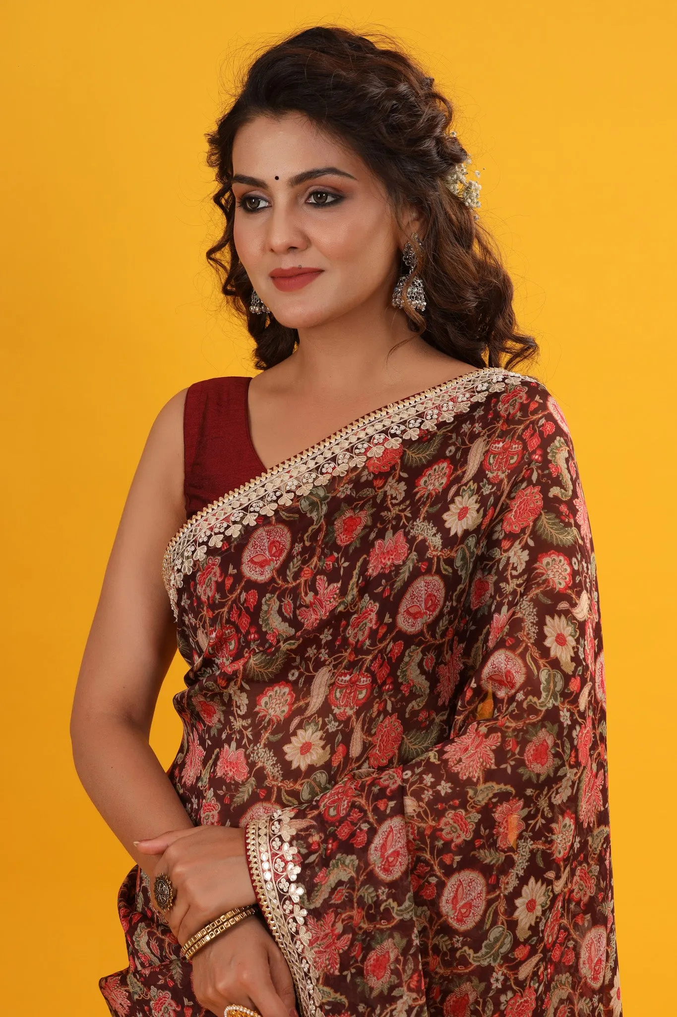 90Z689-RO Maroon floral Georgette Saree with Embroidered Border