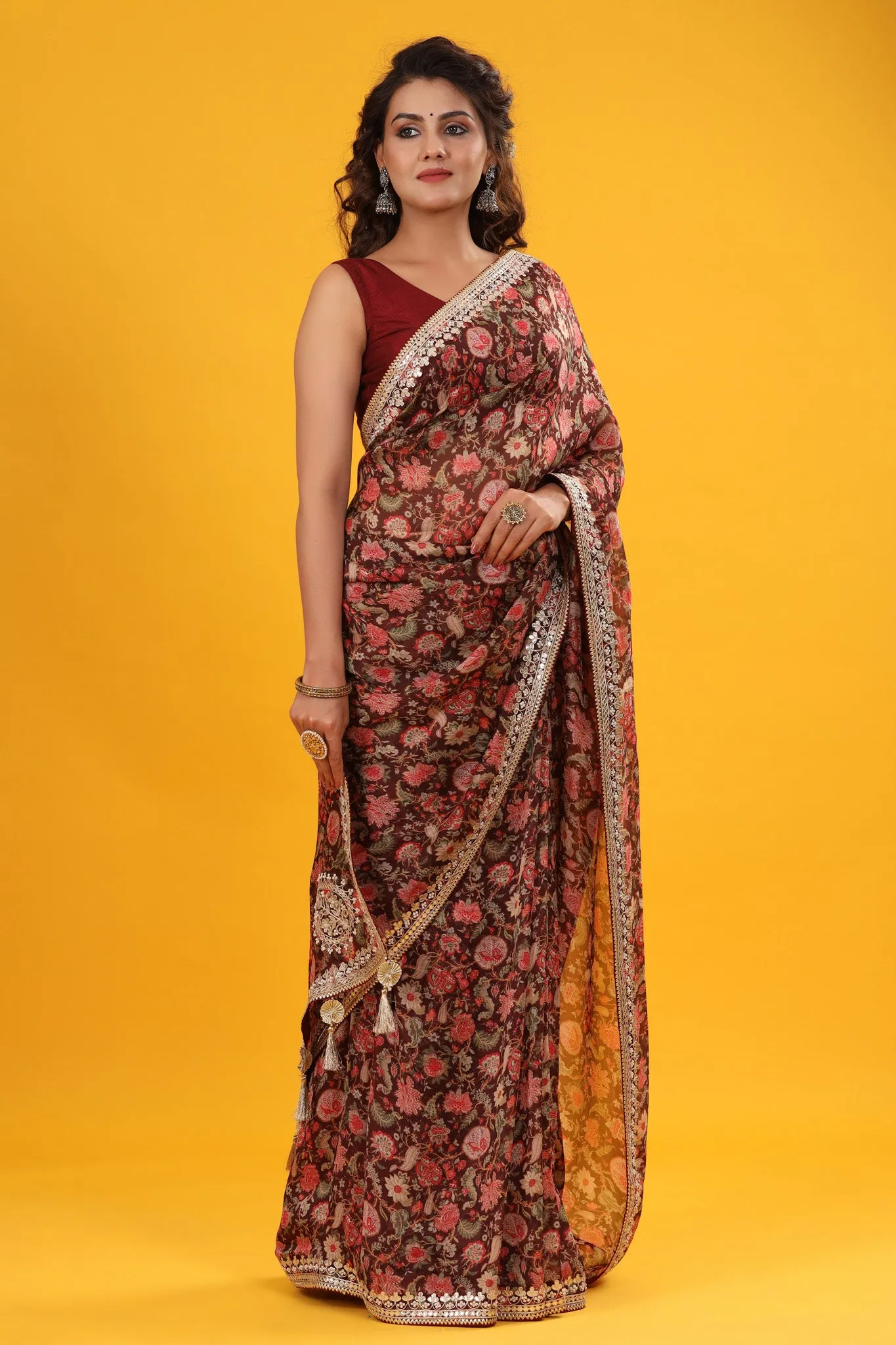 90Z689-RO Maroon floral Georgette Saree with Embroidered Border