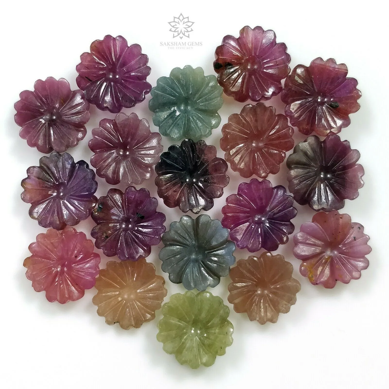 96.15cts Natural MULTI SAPPHIRE Gemstone Hand Carved FLOWER Round 11.5mm*4.5(h) - 14mm*3.5(h) 18pcs Lot For Jewelry