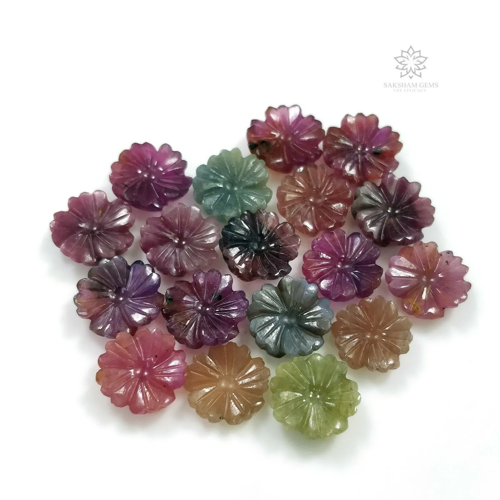 96.15cts Natural MULTI SAPPHIRE Gemstone Hand Carved FLOWER Round 11.5mm*4.5(h) - 14mm*3.5(h) 18pcs Lot For Jewelry