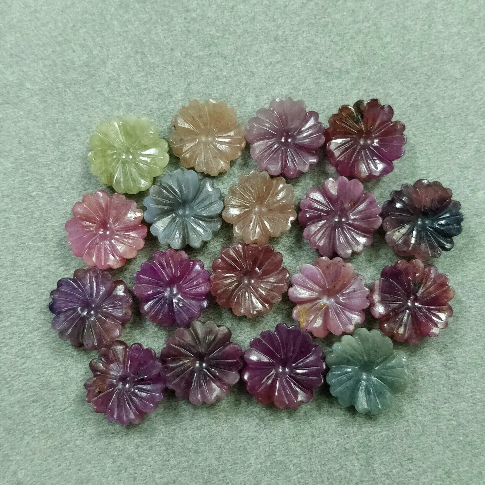 96.15cts Natural MULTI SAPPHIRE Gemstone Hand Carved FLOWER Round 11.5mm*4.5(h) - 14mm*3.5(h) 18pcs Lot For Jewelry