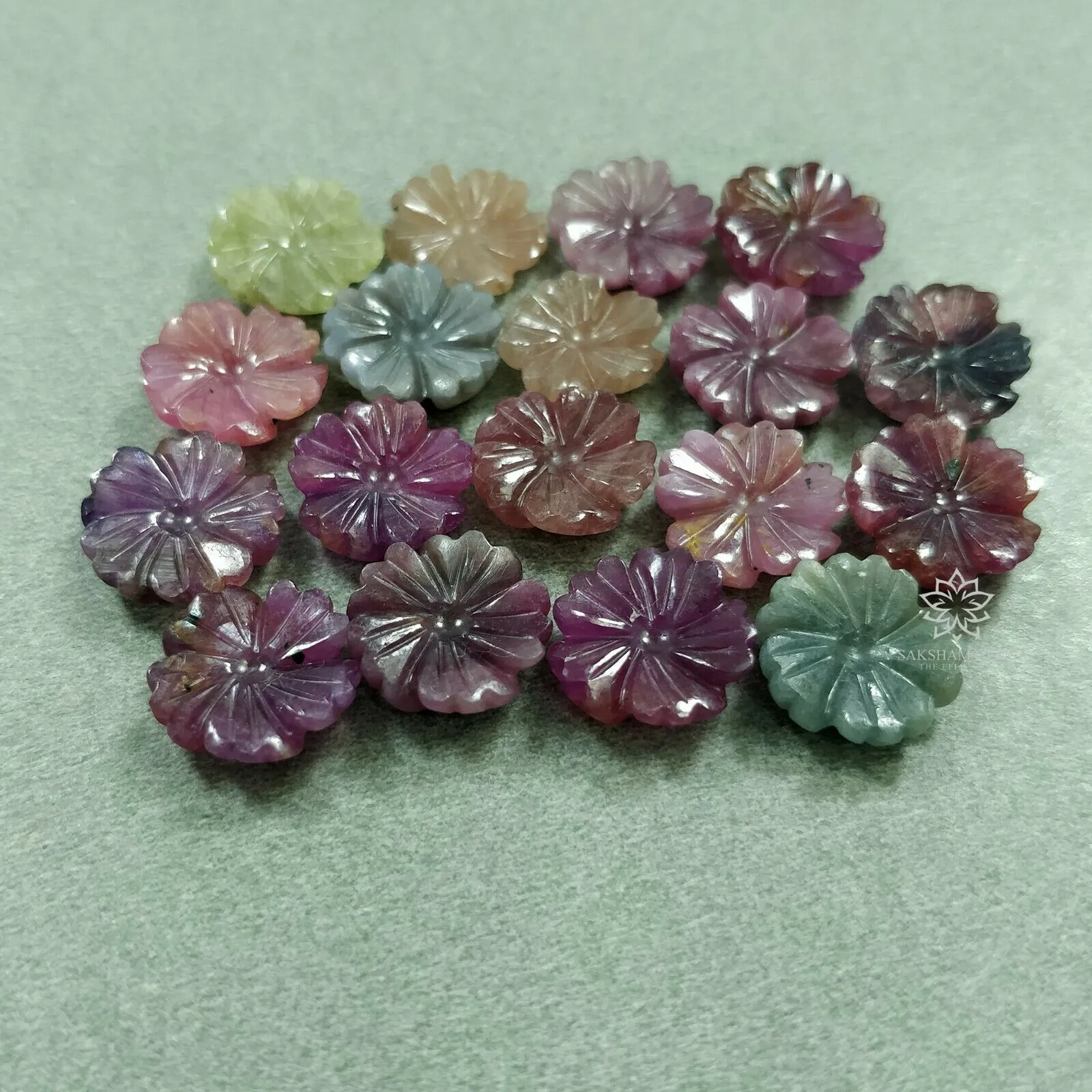 96.15cts Natural MULTI SAPPHIRE Gemstone Hand Carved FLOWER Round 11.5mm*4.5(h) - 14mm*3.5(h) 18pcs Lot For Jewelry