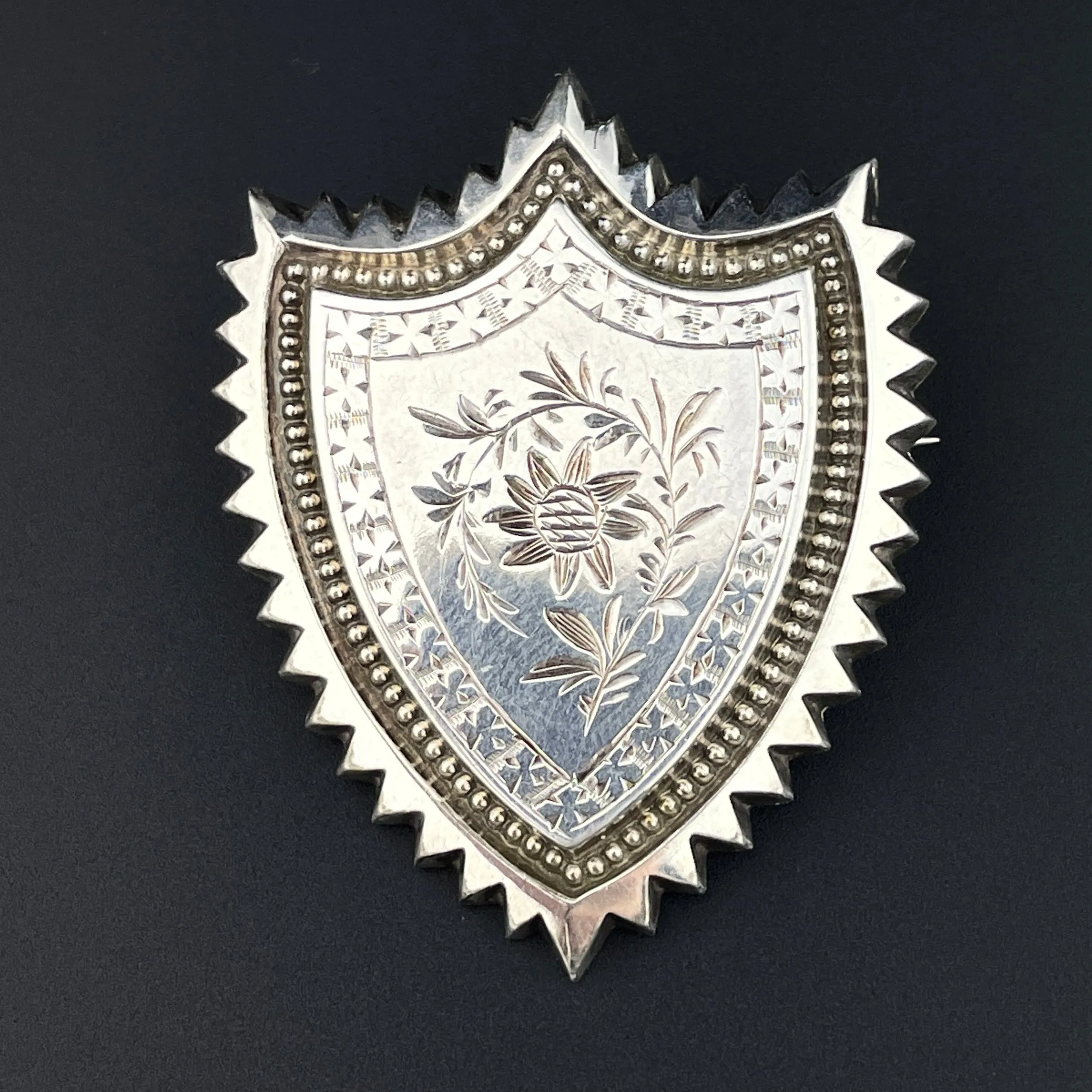 Antique Silver Victorian Forget Me Not Shield Brooch Pin