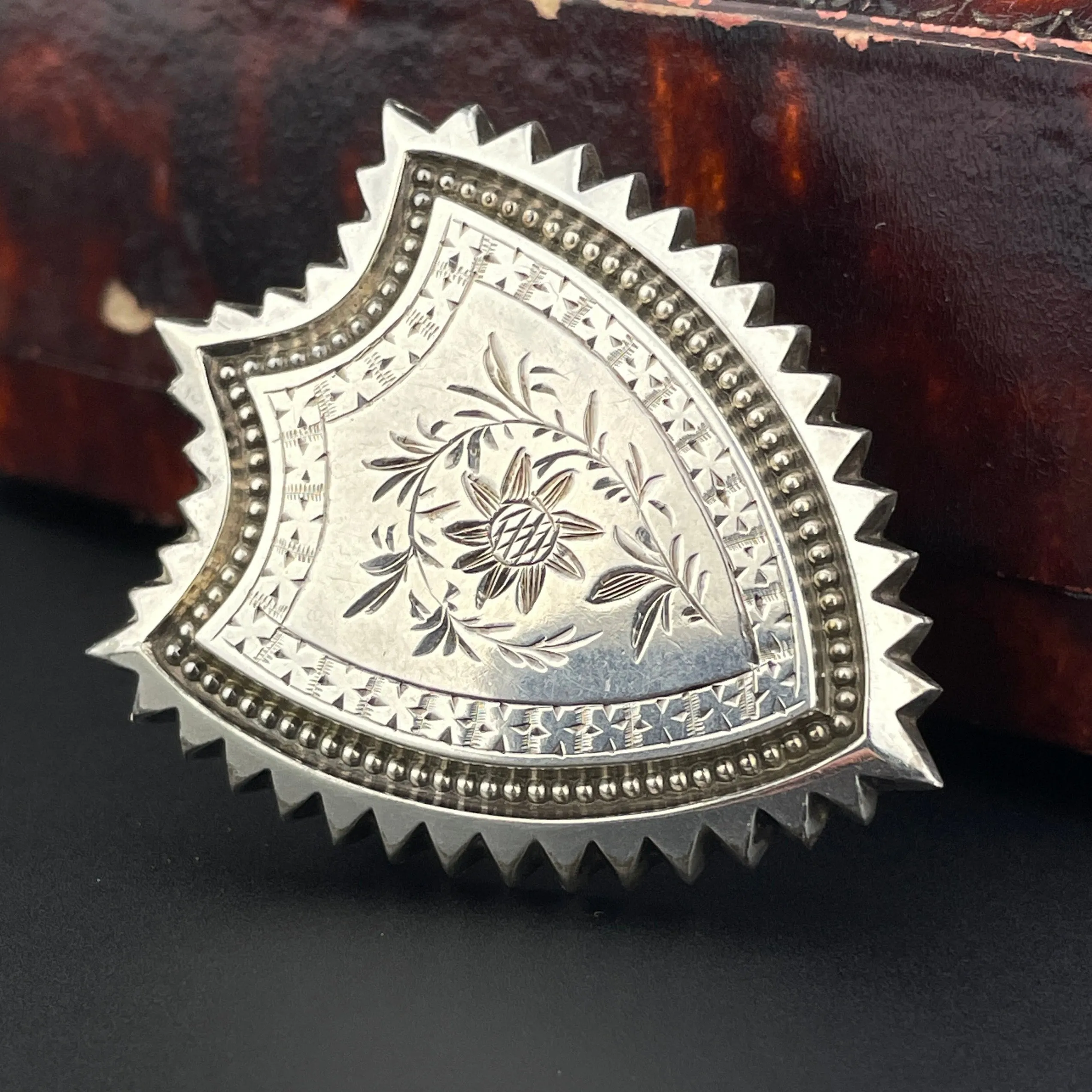 Antique Silver Victorian Forget Me Not Shield Brooch Pin