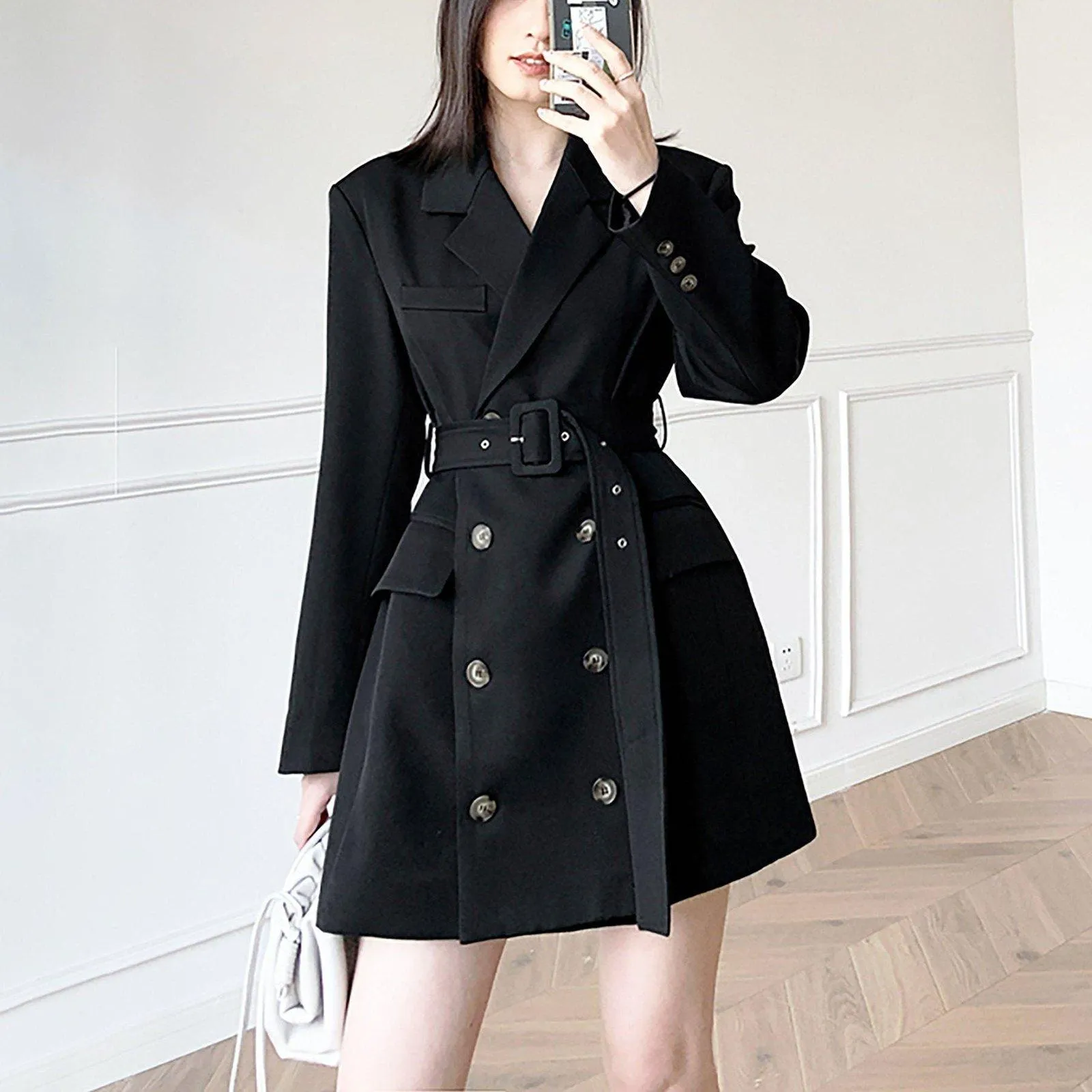 Aprial Double Breasted Belted Long Sleeve Blazer Dress