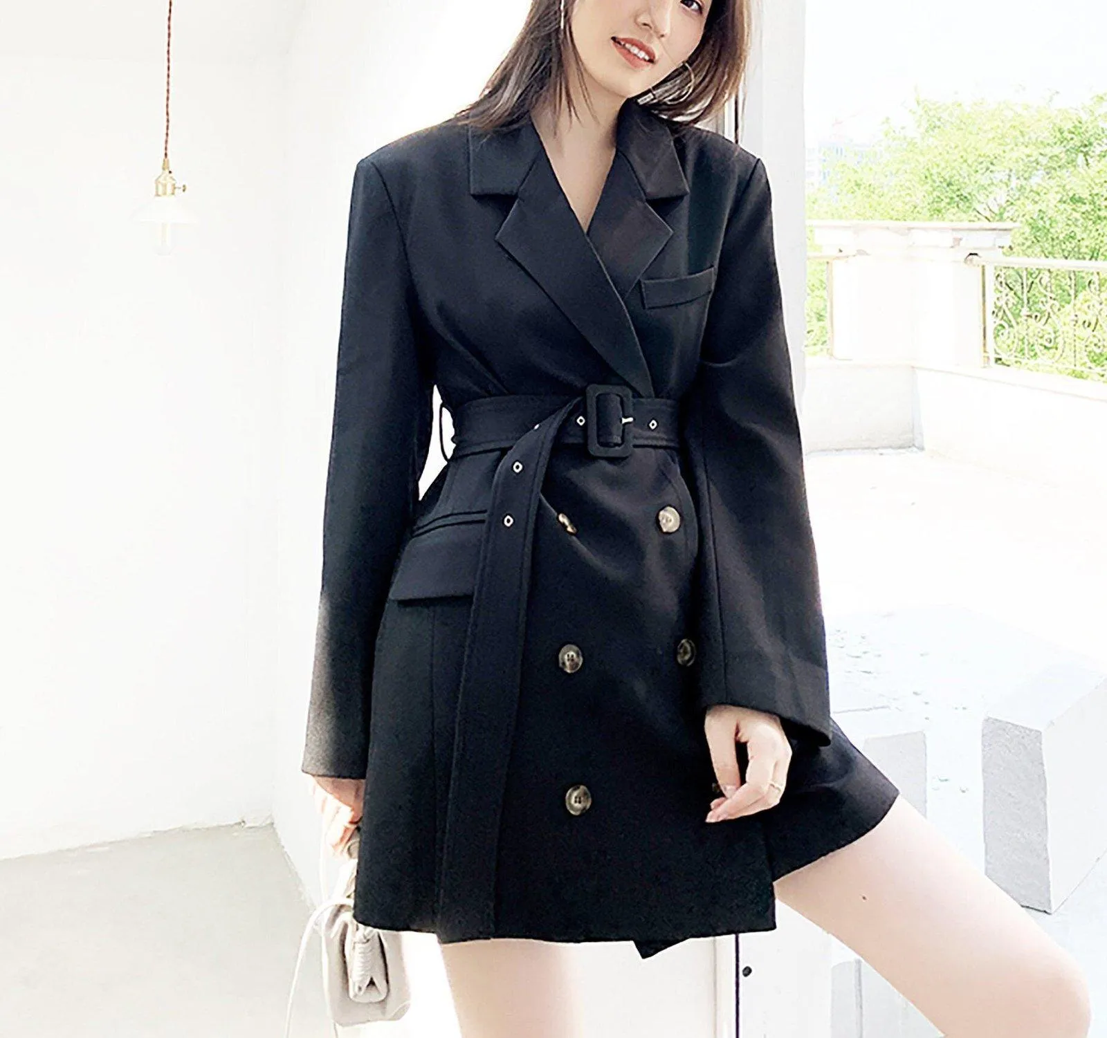 Aprial Double Breasted Belted Long Sleeve Blazer Dress