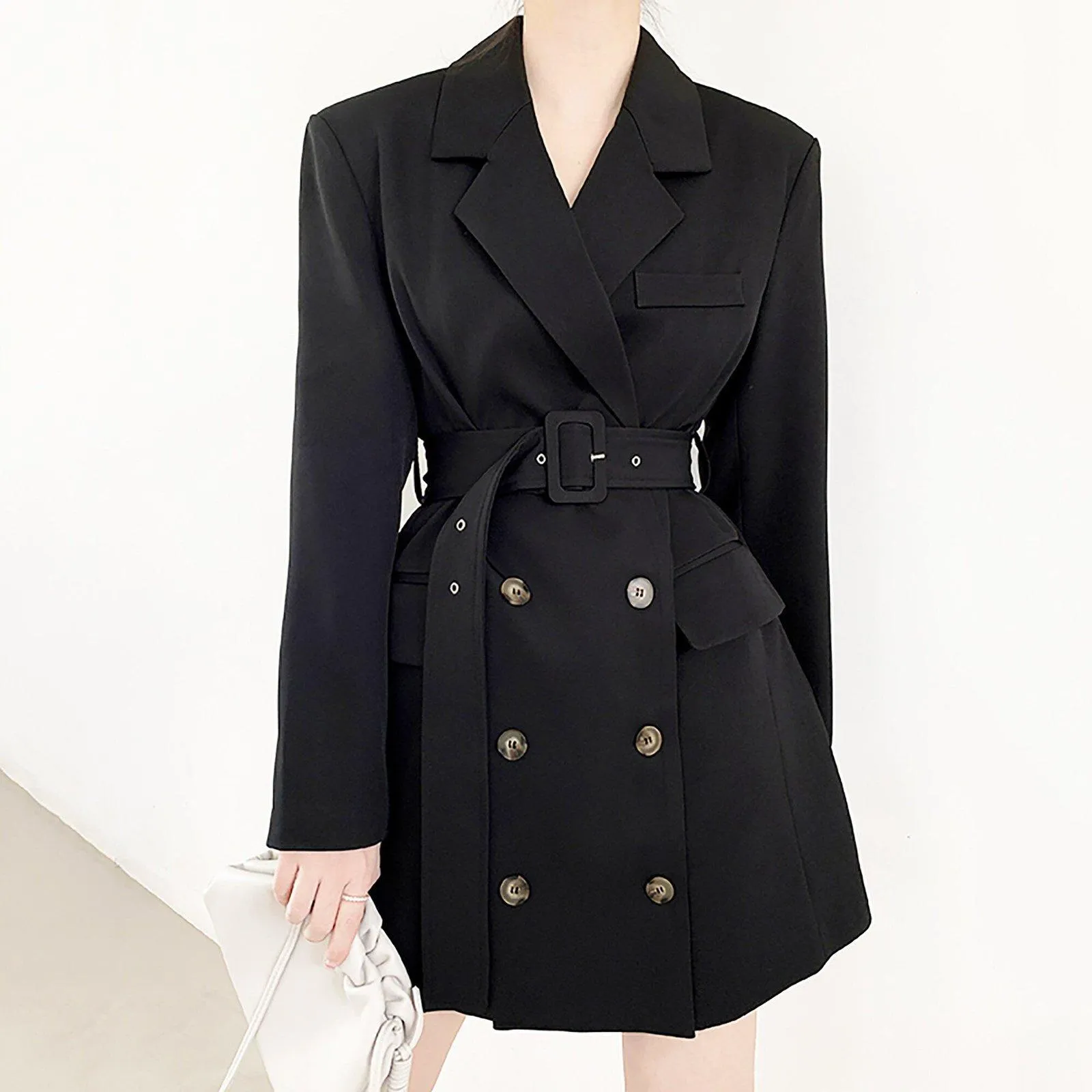 Aprial Double Breasted Belted Long Sleeve Blazer Dress