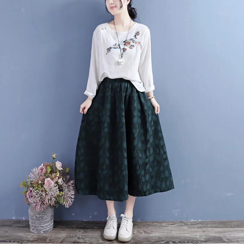 Autumn Cotton Linen Retro Floral Skirt