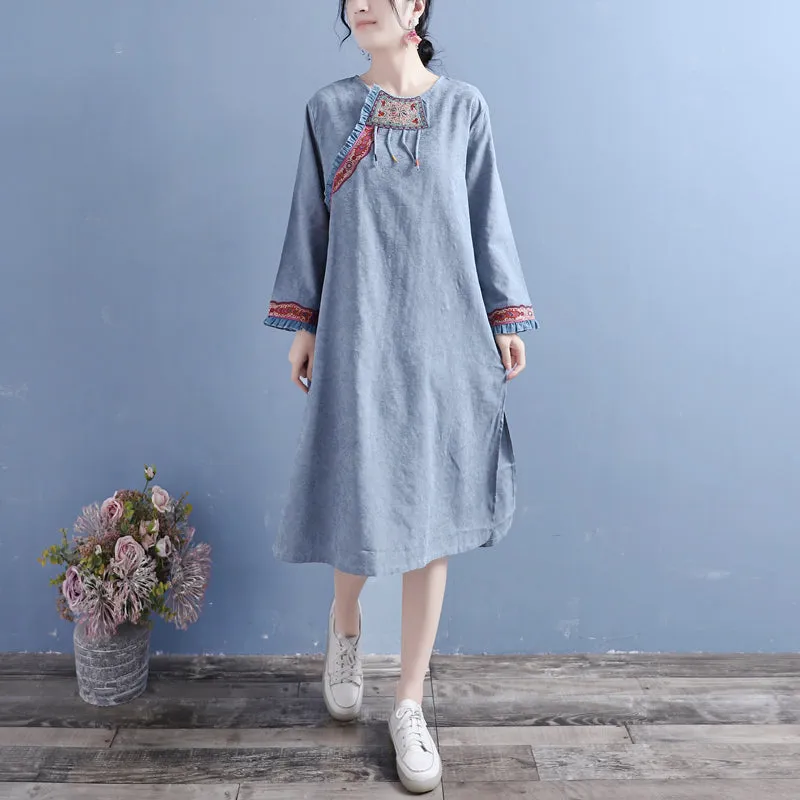 Autumn Retro Patchwork Cotton Linen Dress