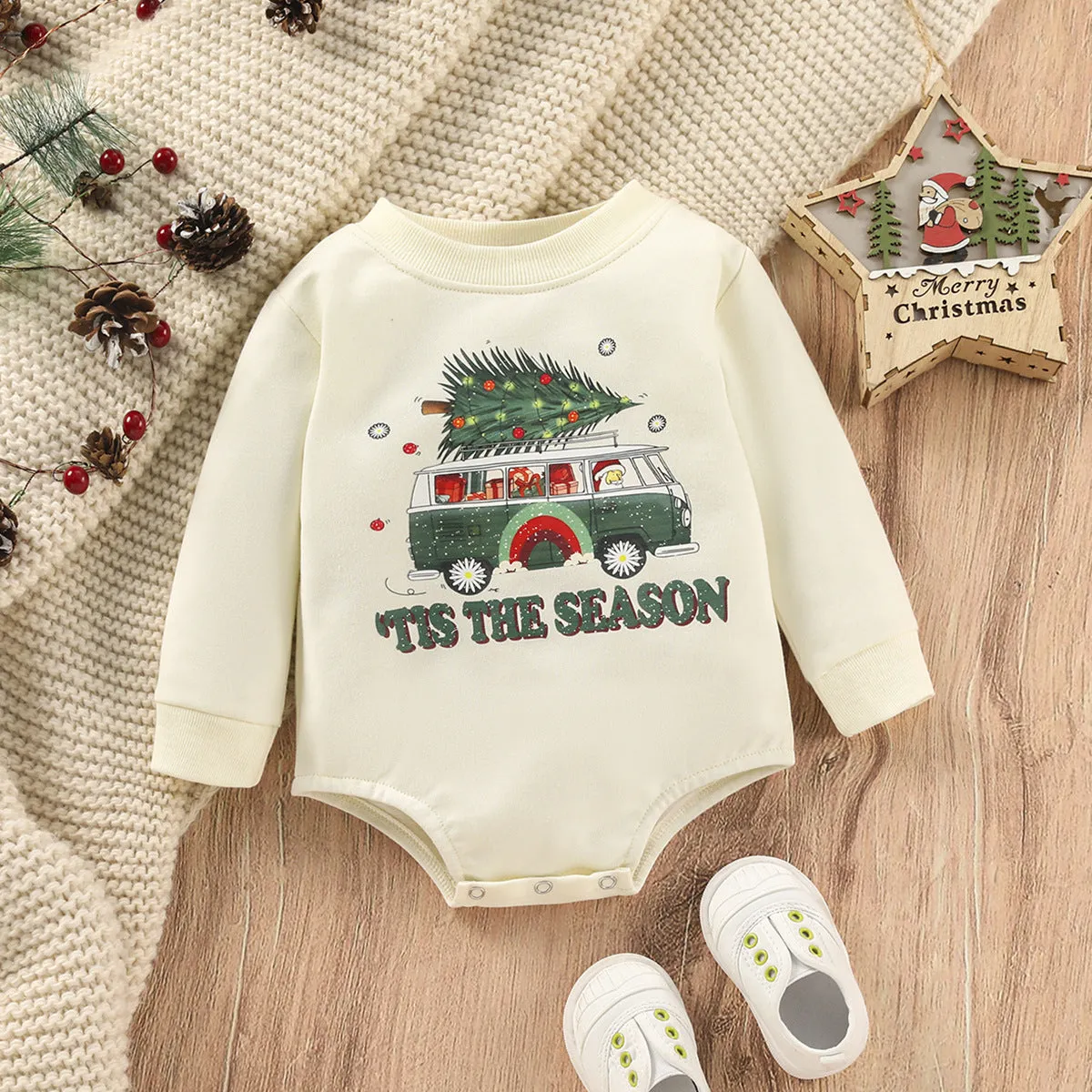 Baby Boys Girls Solid Cartoon Christmas Print Long Sleeve One Piece Creeper