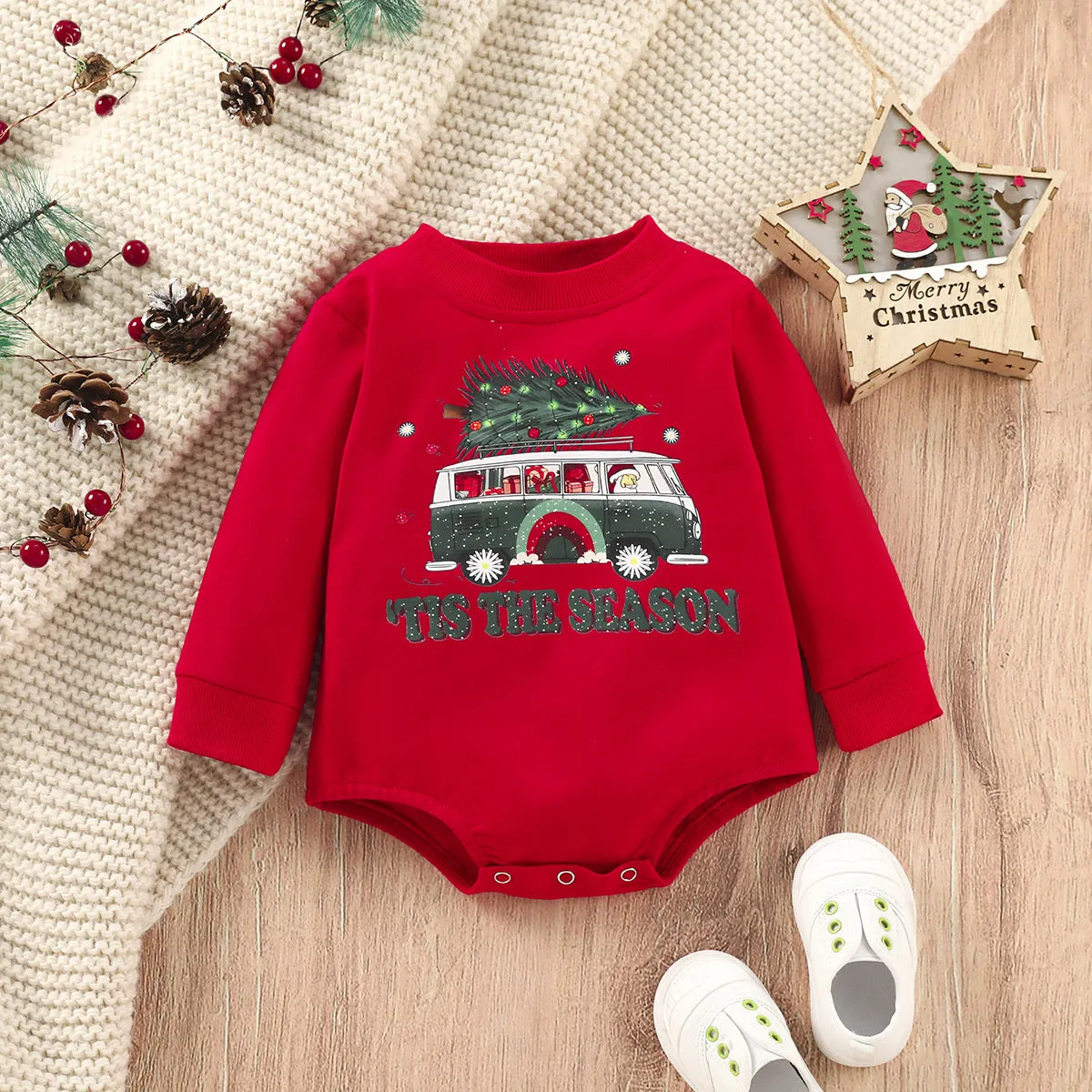 Baby Boys Girls Solid Cartoon Christmas Print Long Sleeve One Piece Creeper