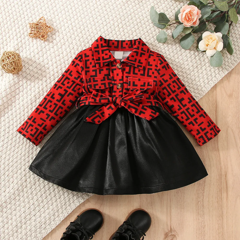 Baby Girls Floral Print Fake Two-piece Leather Dress