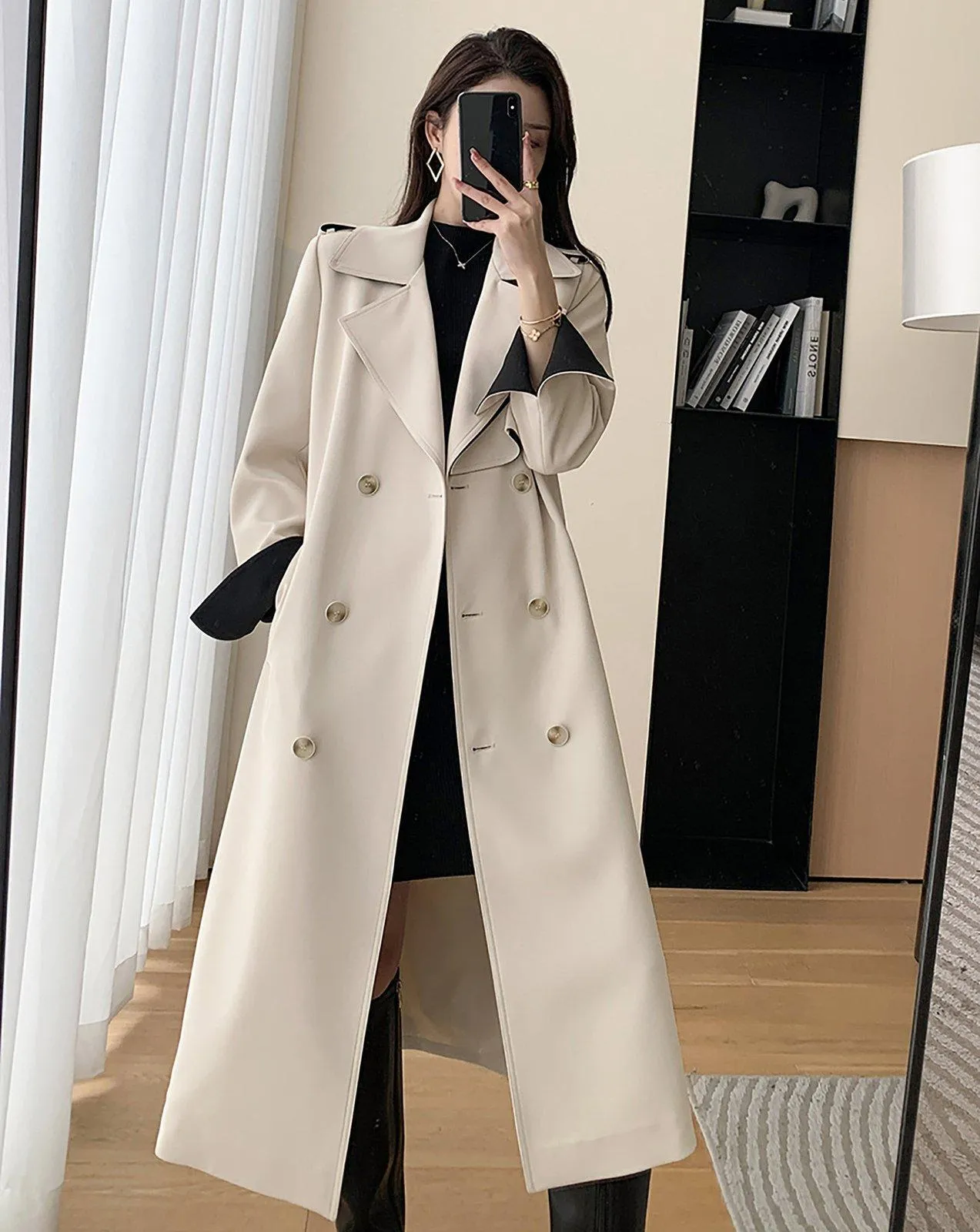 Beige Belted Two-Tone Trench Coat