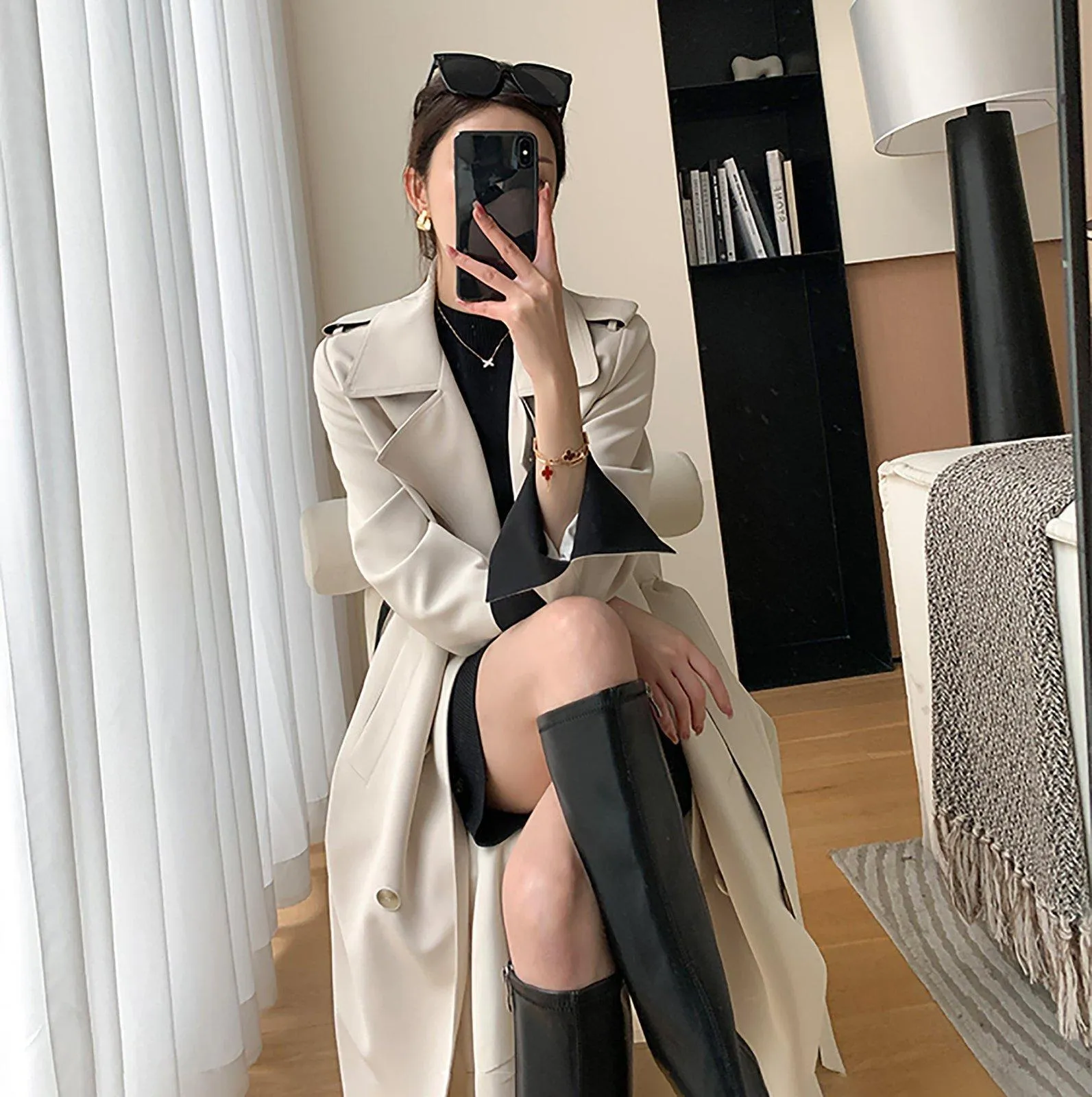 Beige Belted Two-Tone Trench Coat