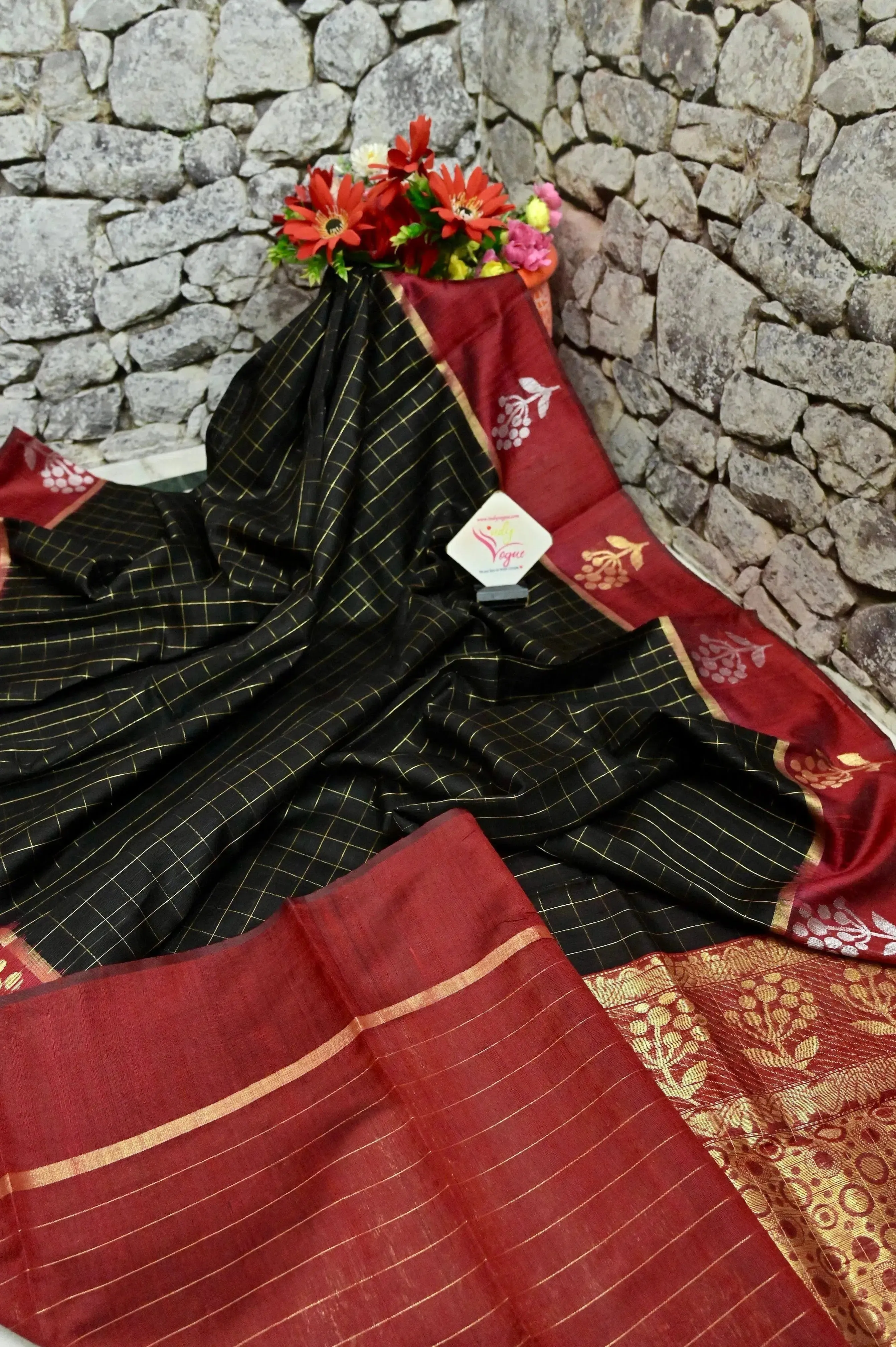 Black and Maroon Red Color Raw Silk Saree with Golden Checks and Silver & Golden Butidar Border