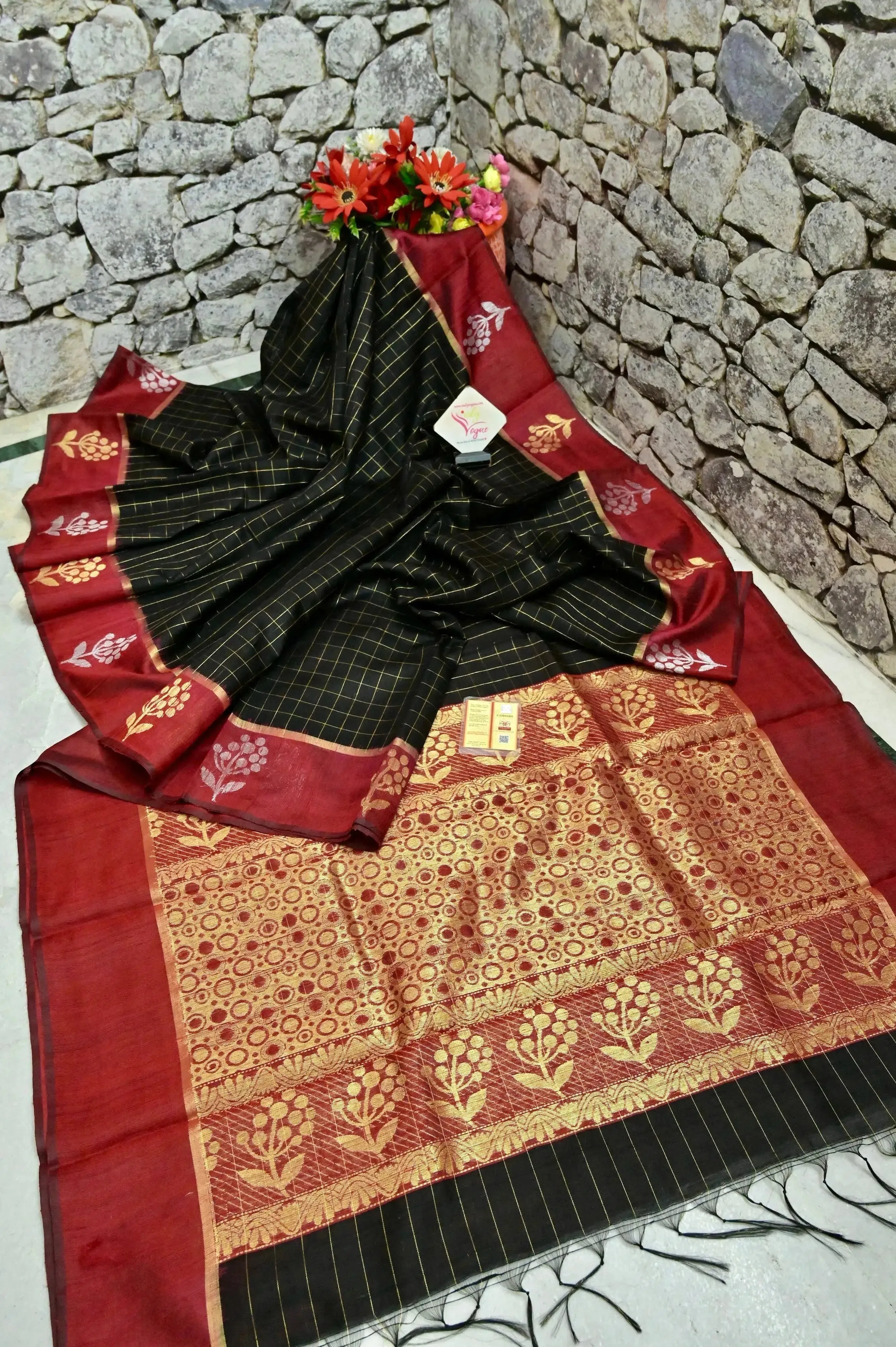 Black and Maroon Red Color Raw Silk Saree with Golden Checks and Silver & Golden Butidar Border