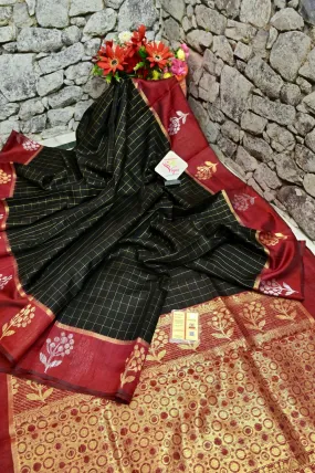 Black and Maroon Red Color Raw Silk Saree with Golden Checks and Silver & Golden Butidar Border