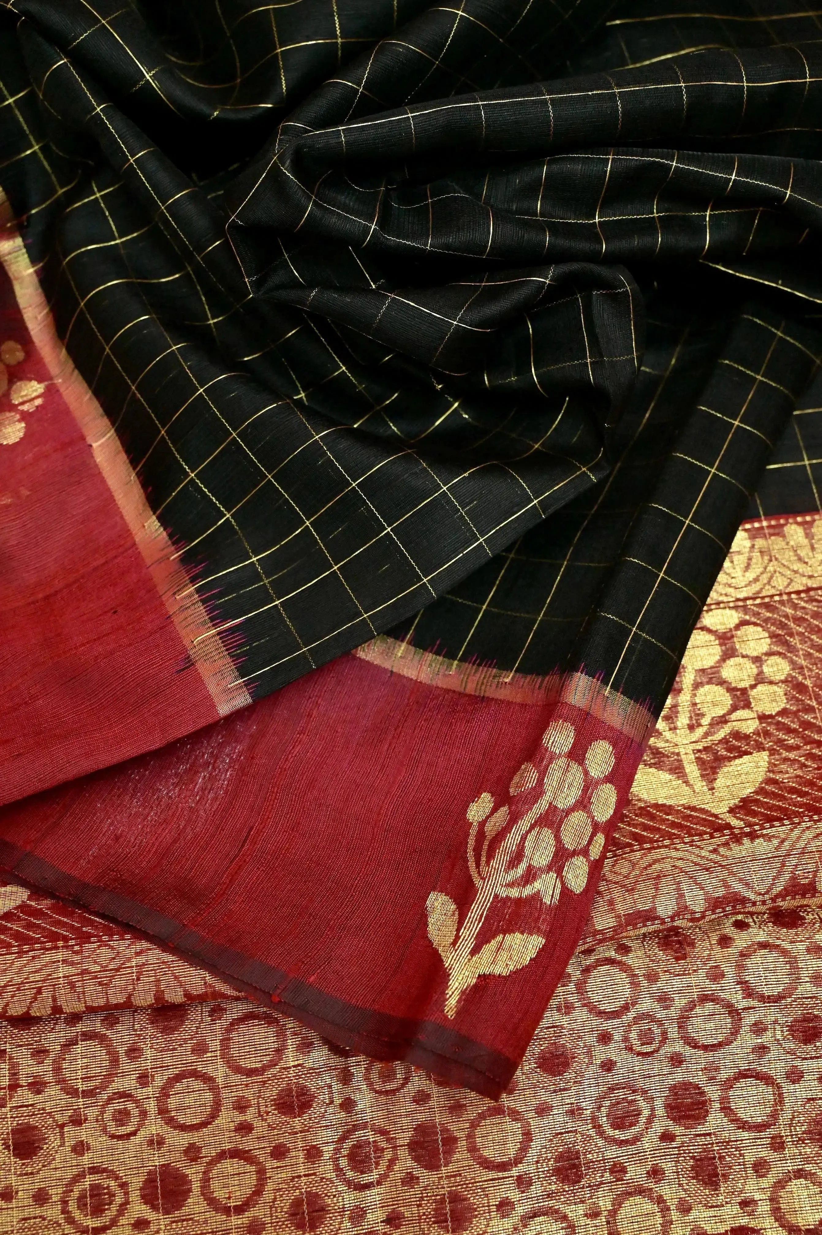 Black and Maroon Red Color Raw Silk Saree with Golden Checks and Silver & Golden Butidar Border