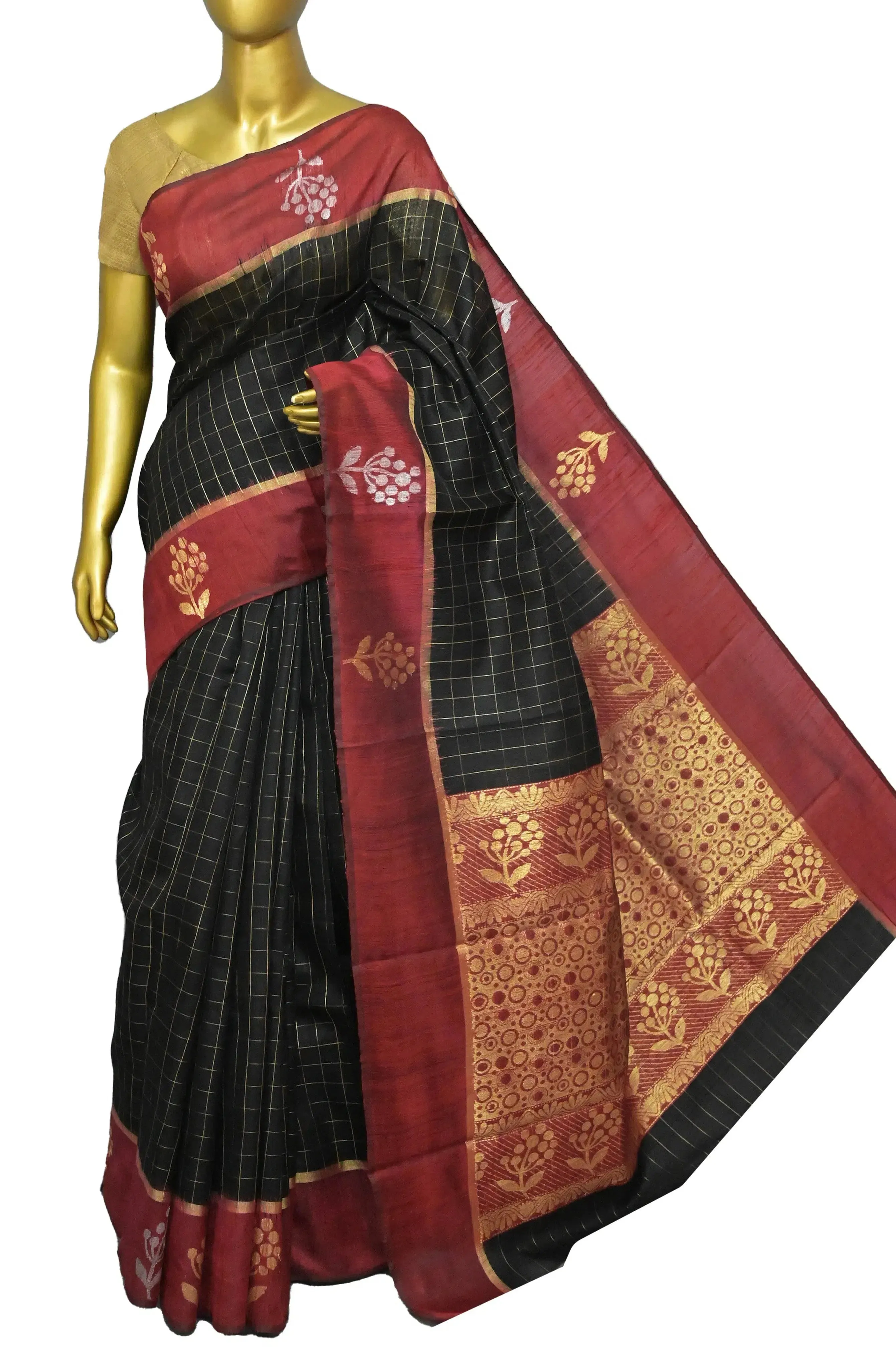 Black and Maroon Red Color Raw Silk Saree with Golden Checks and Silver & Golden Butidar Border