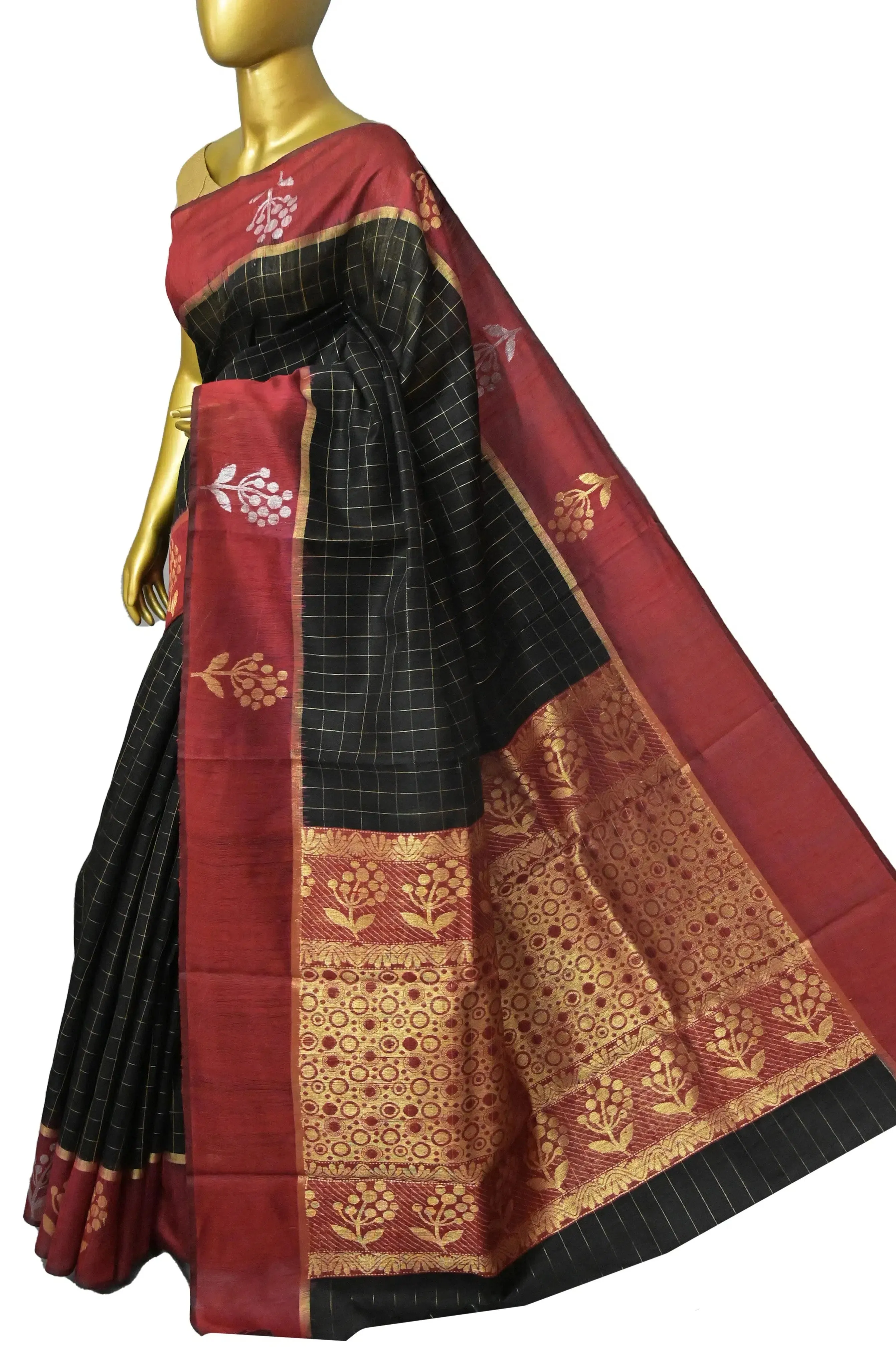 Black and Maroon Red Color Raw Silk Saree with Golden Checks and Silver & Golden Butidar Border