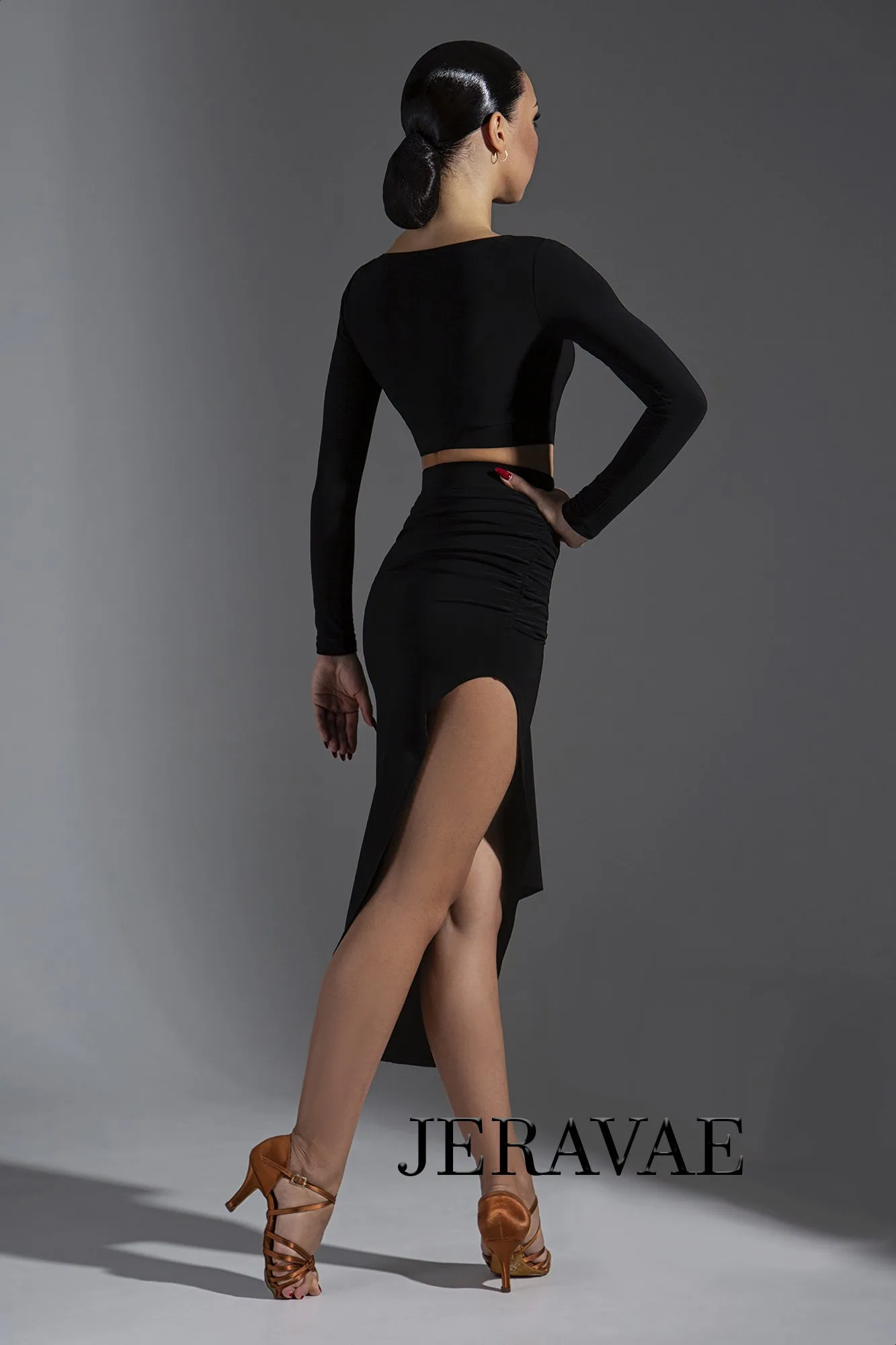 Black Latin Practice Skirt with Rouched 'Bow Detail and Long Side Pra602