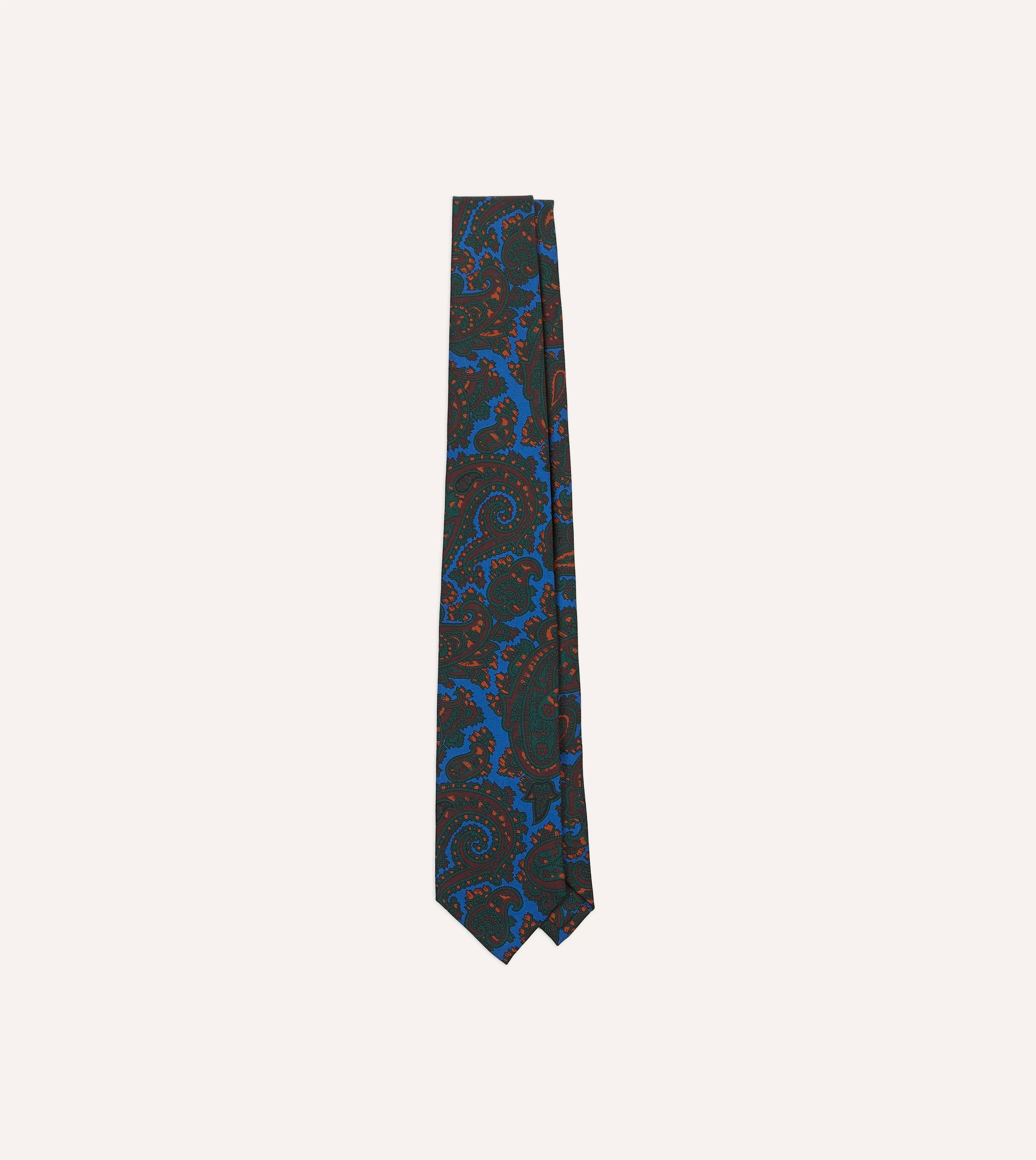 Blue and Green Large Paisley Print Silk Twill Self Tipped Tie