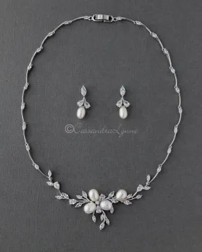 Bridal Jewelry Necklace Set with Pearl Flower and CZ