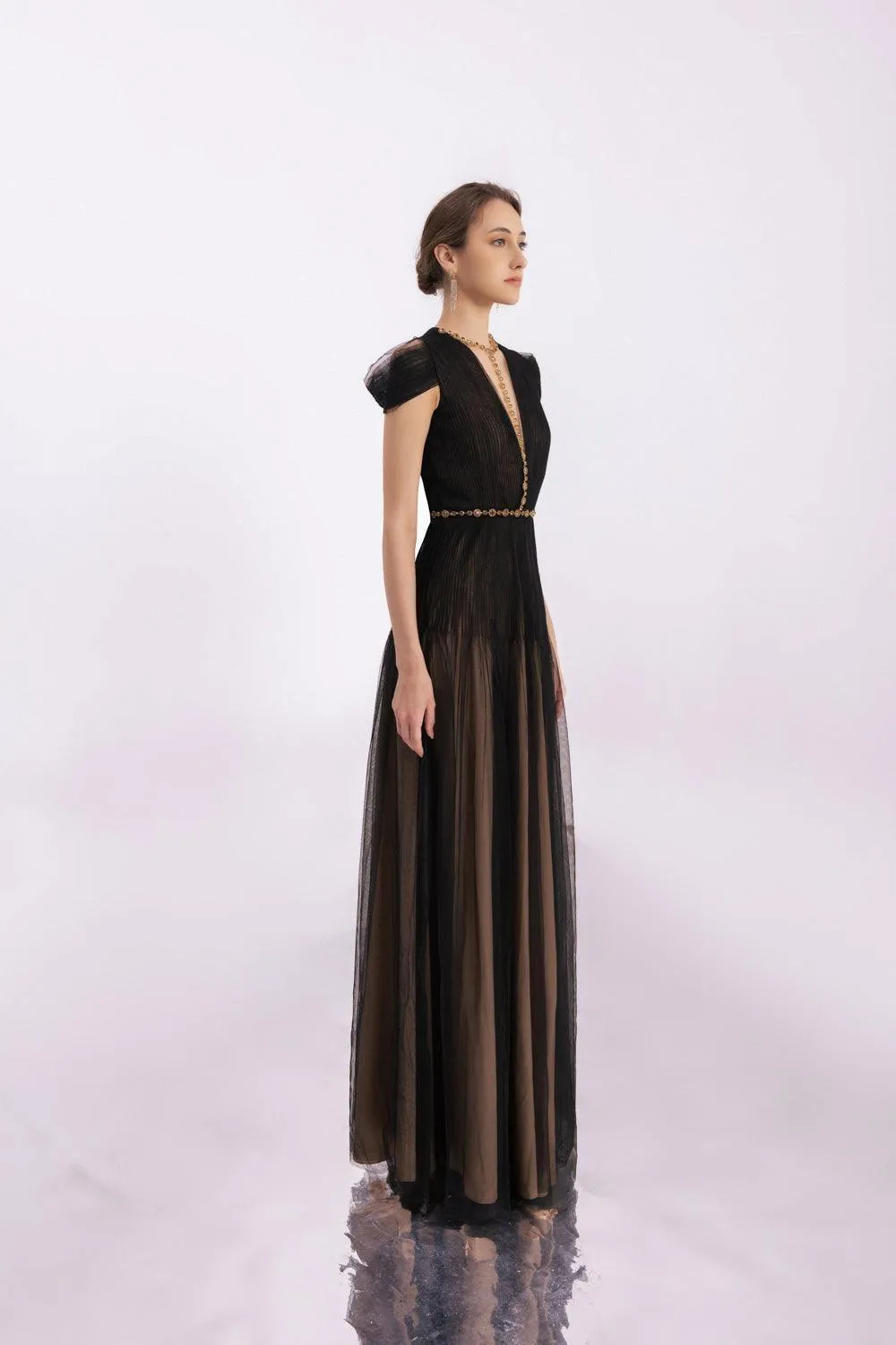 Calla A-line Pleated Chest Organza Floor Length Dress