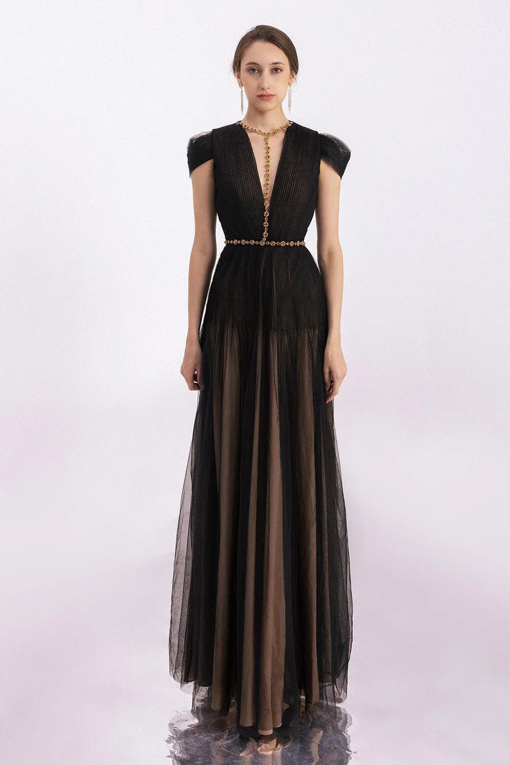 Calla A-line Pleated Chest Organza Floor Length Dress