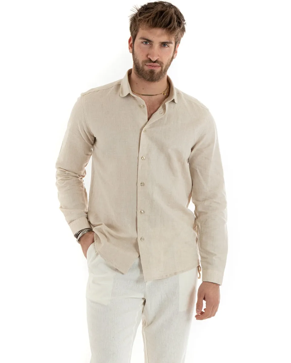 Camicia Uomo Con Colletto Tinta Unita Beige Lino Manica Lunga Casual Sartoriale GIOSAL-C2722A