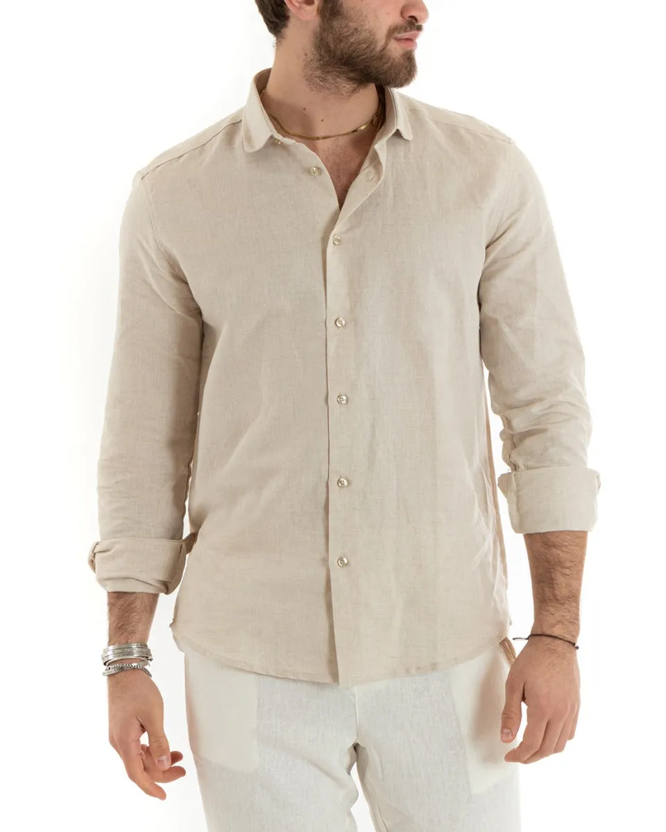 Camicia Uomo Con Colletto Tinta Unita Beige Lino Manica Lunga Casual Sartoriale GIOSAL-C2722A